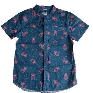 Mens Short Sleeve Button‎ Down Shirt Colorful All Over Print Blue Pink Pineapple